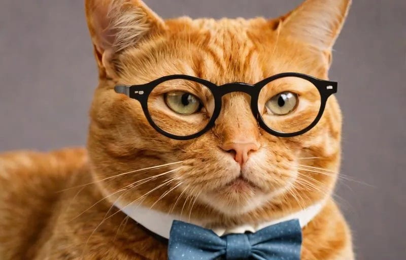 AI image of a ginger tabby cat wearing round glasses and a blue-grey speckled bow tie