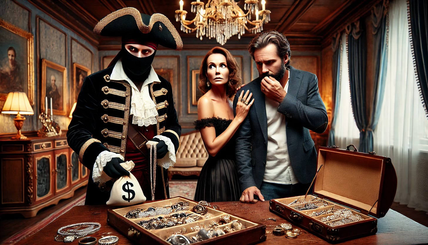 A 30-year-old pirate inside a luxurious house of a wealthy middle-aged couple. The pirate is placing jewelry into a bag. The wife, middle-aged and dressed stylishly, and the husband, also middle-aged, bald, and wearing a suit, are looking at the pirate with expressions of fear. The interior of the house is opulent, with expensive furniture and decor, emphasizing the couple's wealth. The couple's fear should be clearly visible in their facial expressions and body language.