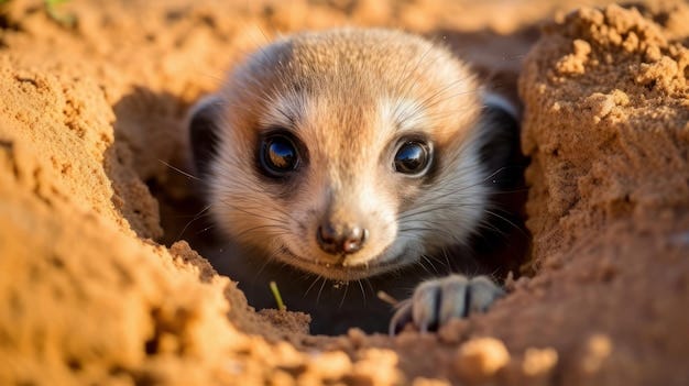 Premium AI Image | A baby meerkat peeks out of a hole