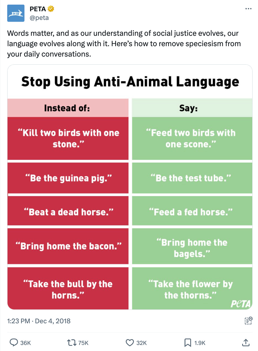 Tweet that says "Words matter, and as our understanding of social justice evolves, our language evolves along with it. Here’s how to remove speciesism from your daily conversations."