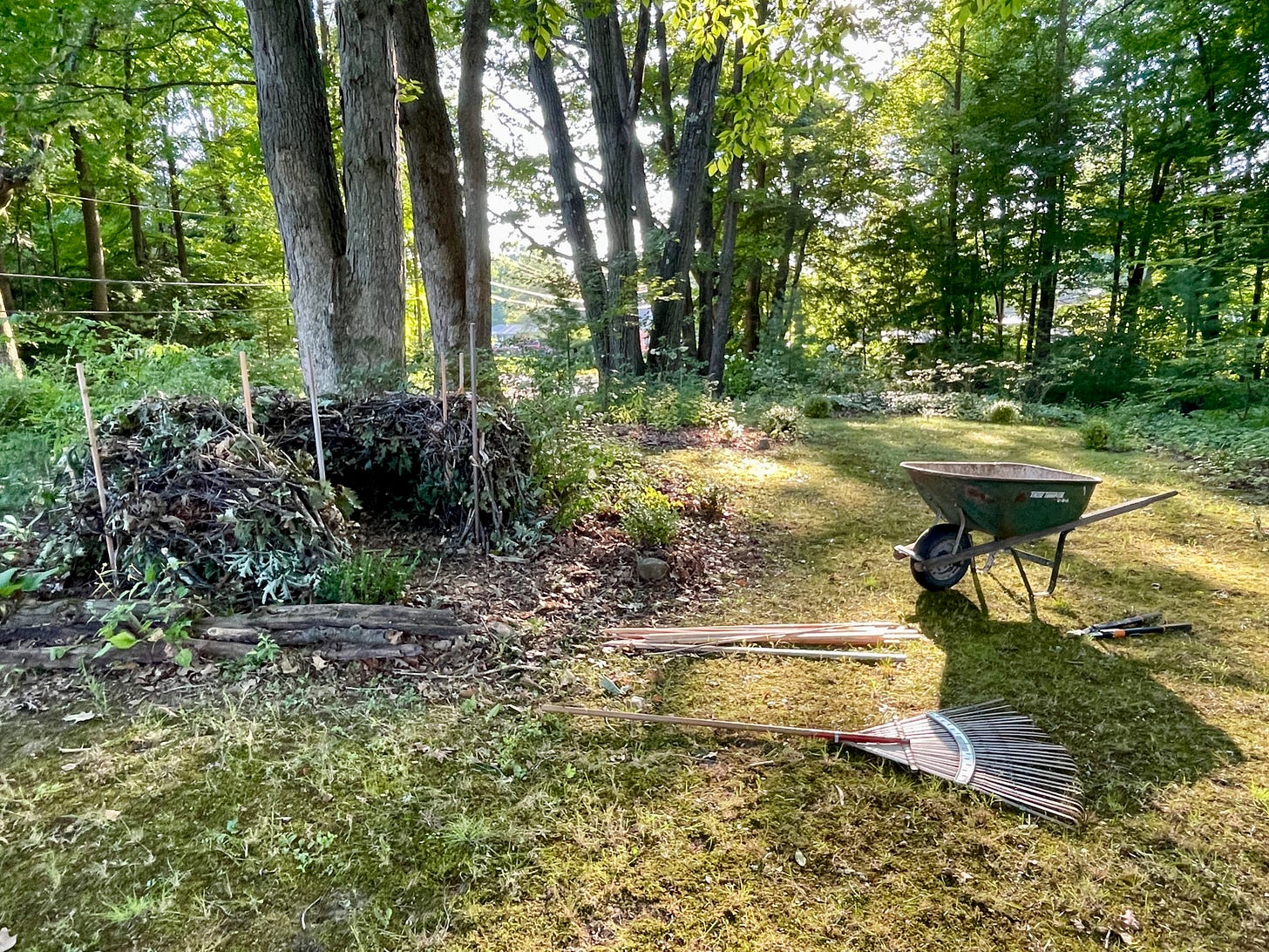 A process photo of the making our Nest—a dead hedge out of fallen sticks from our Woodland Garden.