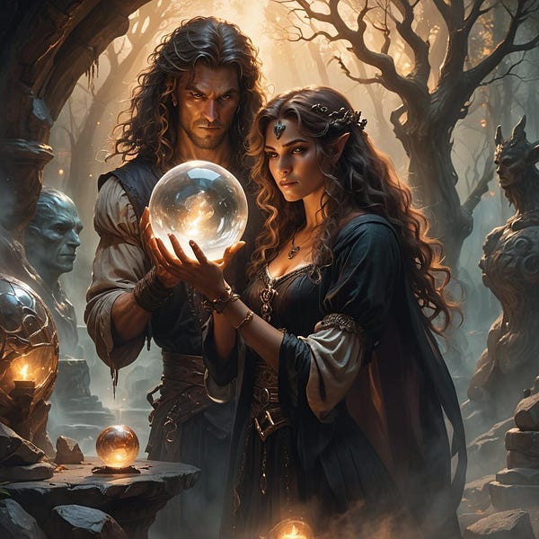 A couple look at a crystal ball