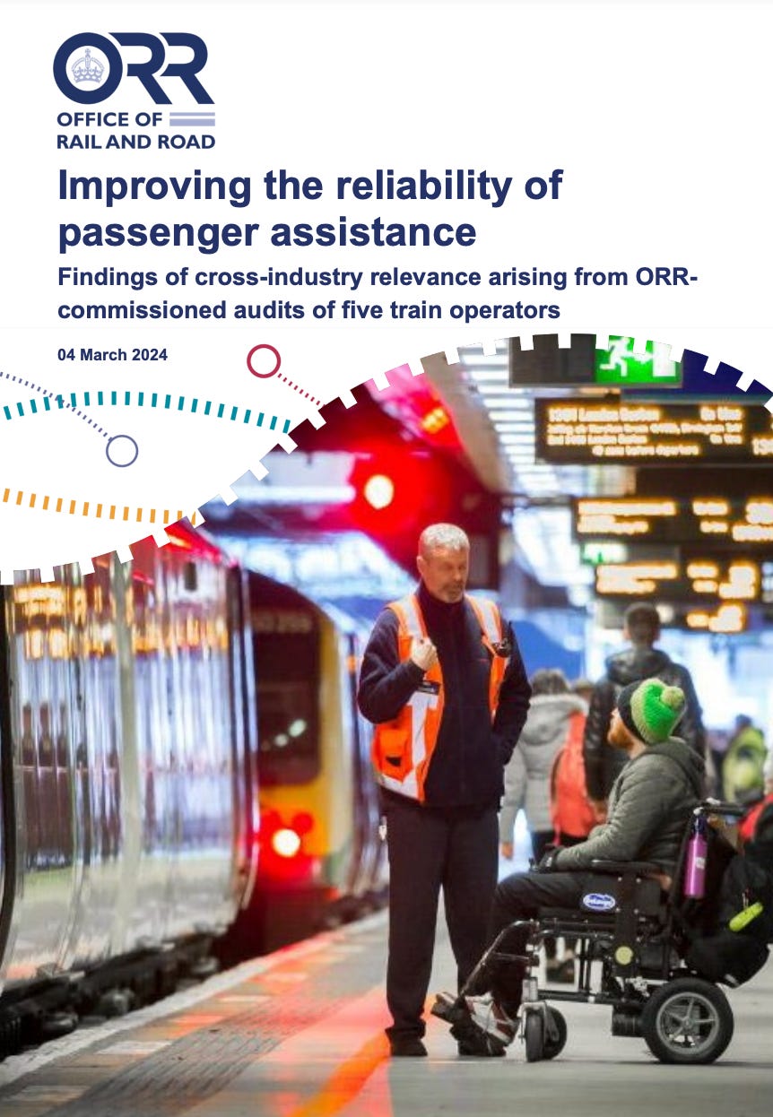 Cover of the ORR audit with a photo of a powerchair user waiting for a train with a railway staff member