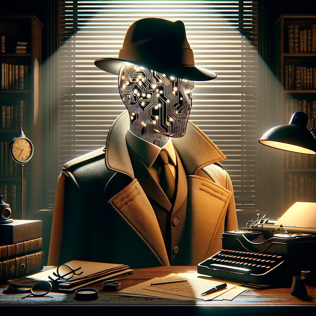 Visualize a large language model (LLM) as a private detective in an abstract and stylish manner. The detective should have a humanoid silhouette with a head that subtly suggests a digital brain, possibly through circuit-like patterns or a glowing, ethereal quality. The figure is dressed in a classic detective outfit with a trench coat and a fedora hat. Include iconic detective accessories such as a magnifying glass and a pipe. The setting is a vintage office, complete with bookshelves, a wooden desk, typewriter, and papers, all bathed in a moody, noir-style lighting with shadows cast by Venetian blinds.