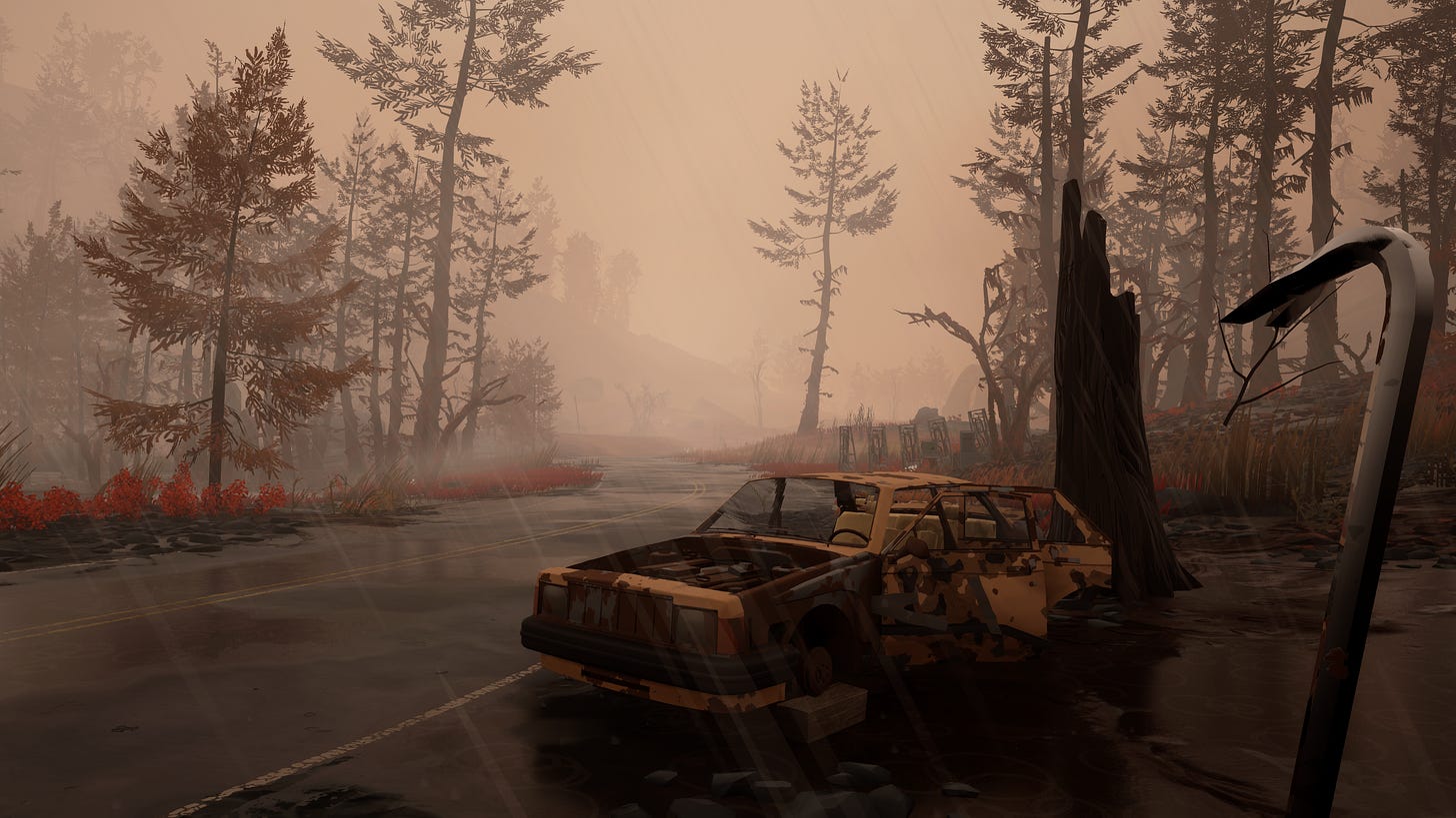 An abandoned car on the side of the road, amid a brown sky. You're holding a pry bar.
