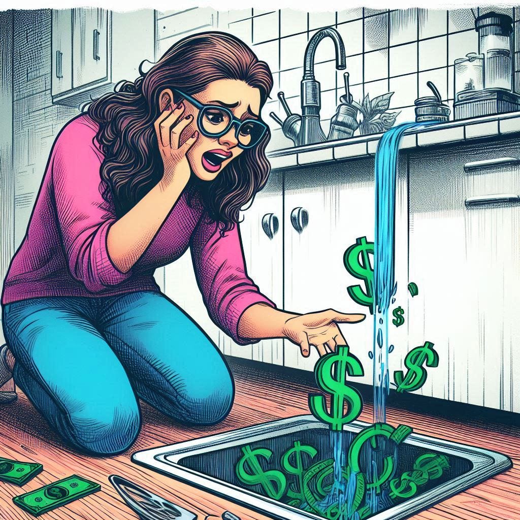 Money flowing down the drain. Image by Bing.