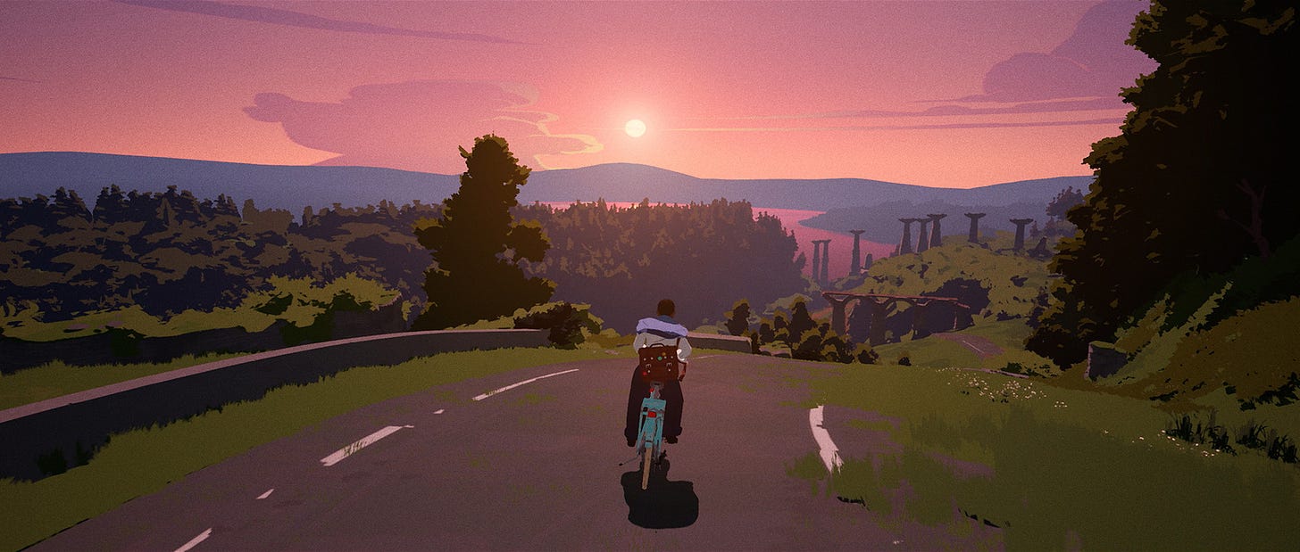 A cyclist on a road above a forest, with a sunset ahead