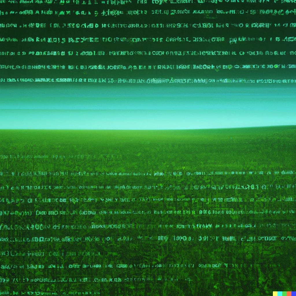 DALL·E 2023-05-19 11.57.20 - A code screen (like from the matrix) seamlessly transitioning into a grassy field, digital art.png
