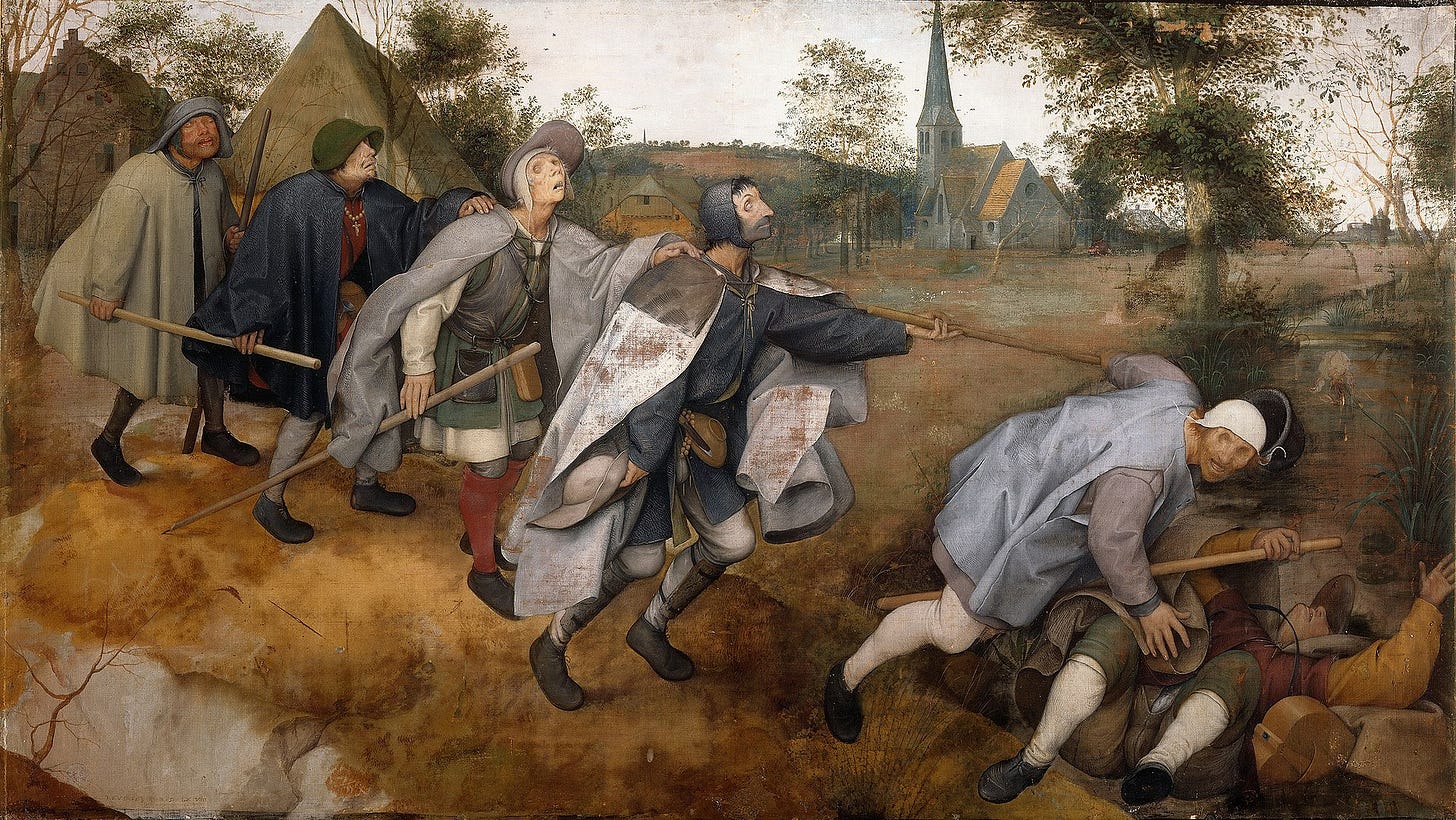 A painting of six blind men stumbling