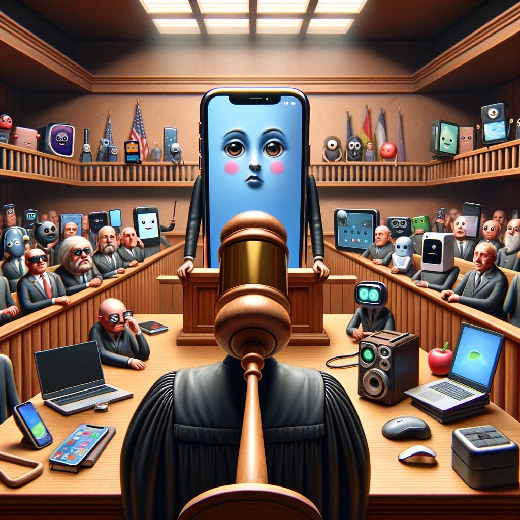 Imagine a whimsical scenario where an iPhone is depicted as a character in a courtroom, being subject to antitrust enforcement. The iPhone has a face, expressing concern, standing in the defendant's box of a traditional courtroom. The judge, personified as a giant gavel, presides over the case, looking sternly at the iPhone. A jury of various other tech gadgets, such as a laptop, a tablet, and a smartwatch, all with animated faces, sit in the jury box, attentively following the proceedings. The courtroom is filled with other electronics as spectators, creating a bustling atmosphere of anticipation. This image captures the playful and imaginative take on the serious subject of antitrust laws affecting technology companies.