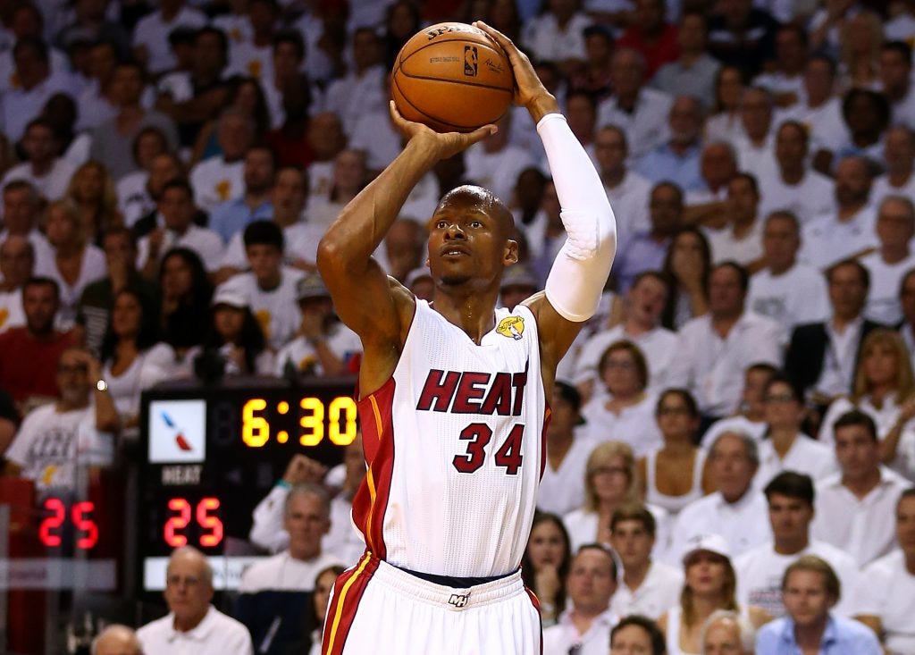 MIAMI, FL - JUNE 12: Ray Allen #34 of the Miami Heat takes a shot against the San Antonio Spurs during Game Four of the 2014 NBA Finals at American Airlines Arena on June 12, 2014 in Miami, Florida. NOTE TO USER: User expressly acknowledges and agrees that, by downloading and or using this photograph, User is consenting to the terms and conditions of the Getty Images License Agreement. (Photo by Andy Lyons/Getty Images)