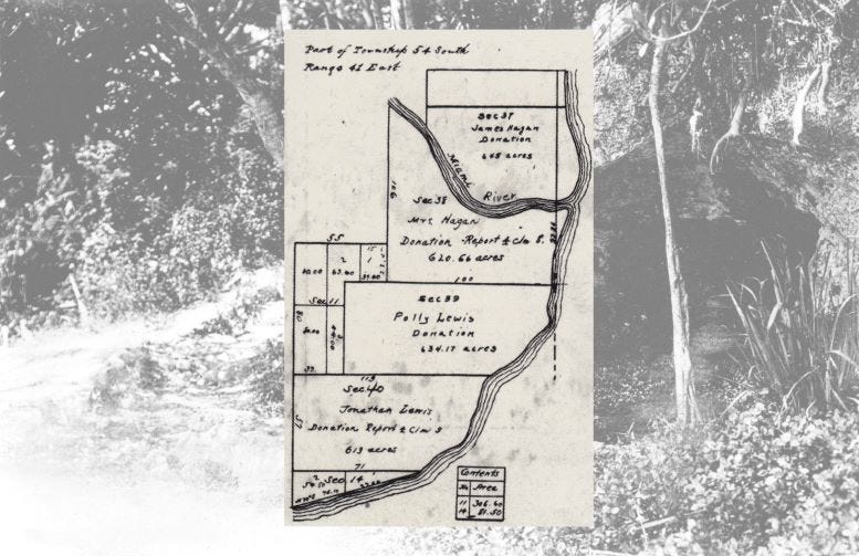 A U.S. Surveyor Map from 1846 of the land south of the Miami River, superimposed over a photo of the Devil’s Punch Bowl.