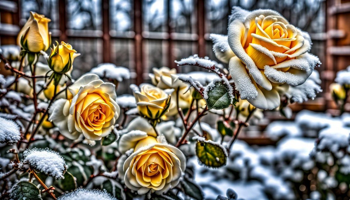 Winter garden with snow crusted yellow roses