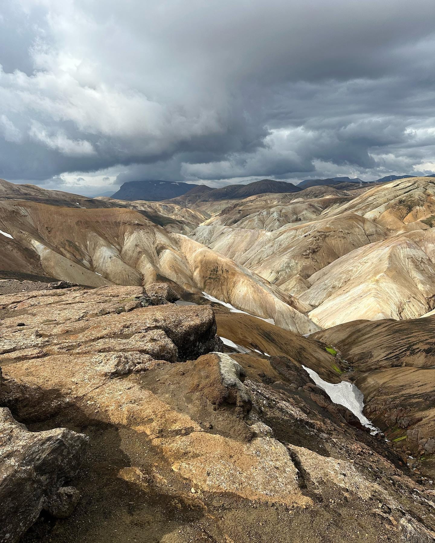 Rolling beige and umber hills under a cloudy sky, Laugavegur Hiking Trail in Iceland