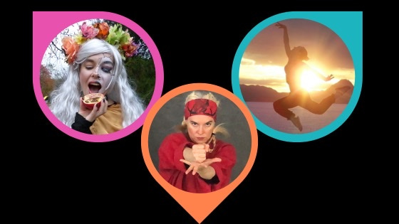 The author dressed as Persephone, in a karate gi, and leaping in dance, backlit by the setting sun