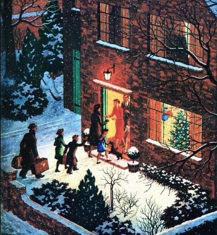 This may contain: a painting of people walking in front of a house with christmas decorations on the windows