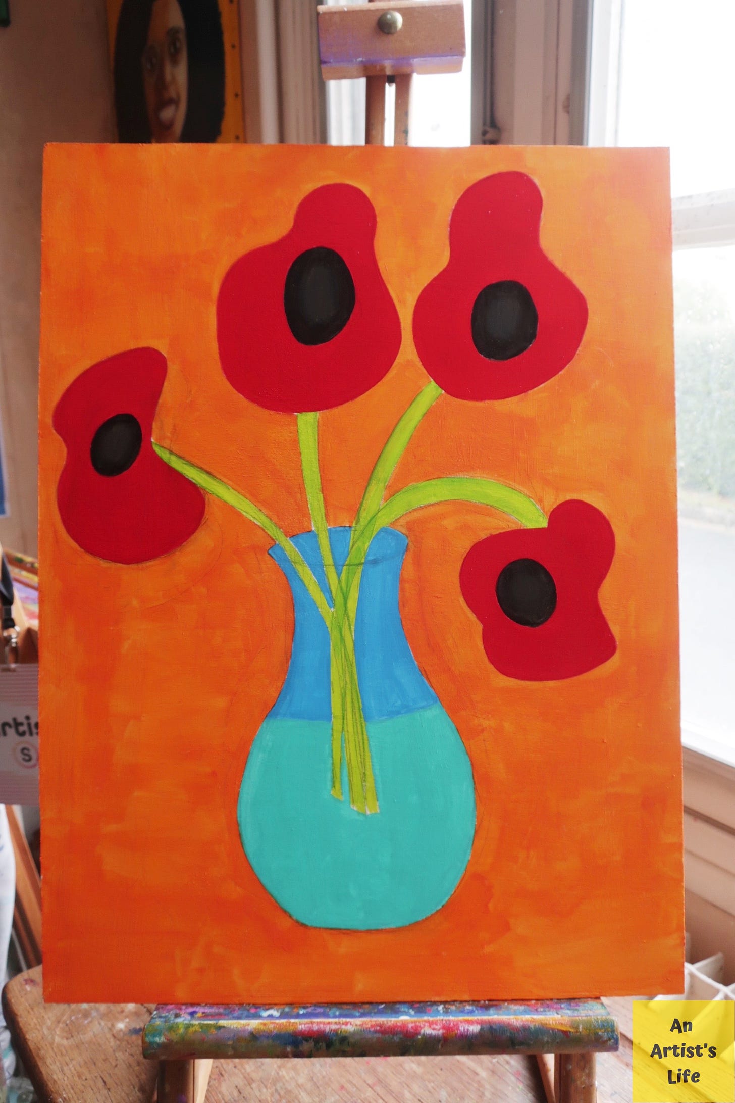 An oil painting of four red poppies in a blue vase on an orange background
