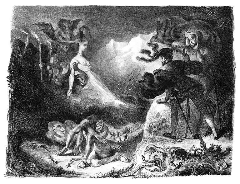 Black and White Vintage Illustration of Angels and Demons in the Spirit World, Along with Misshapen Creatures