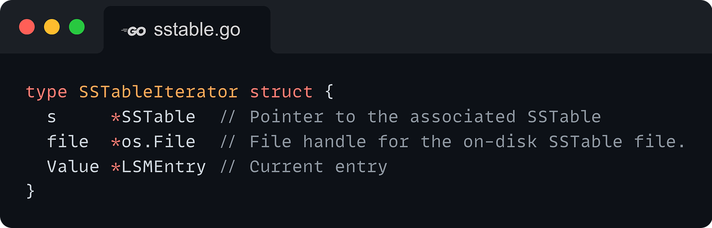 type SSTableIterator struct {   s     *SSTable  // Pointer to the associated SSTable   file  *os.File  // File handle for the on-disk SSTable file.   Value *LSMEntry // Current entry }