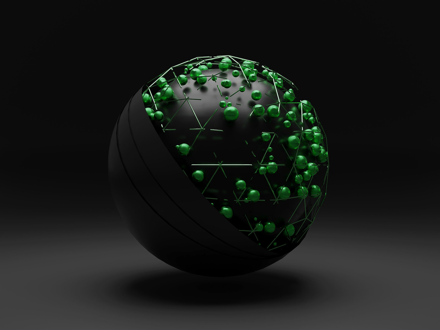 3d illustration of a sphere with lots of small green colored balls hovering over it.
