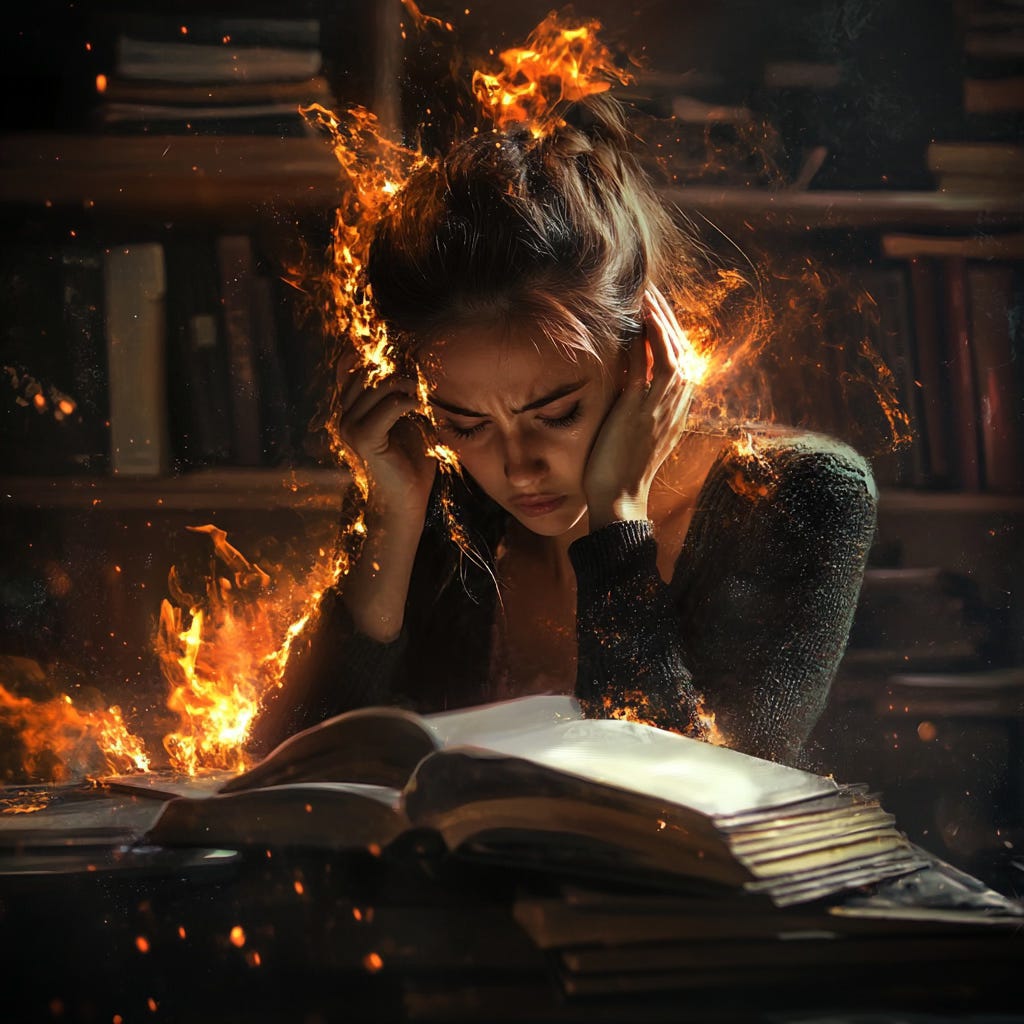 A female writer coerd in flames as she reads a book.