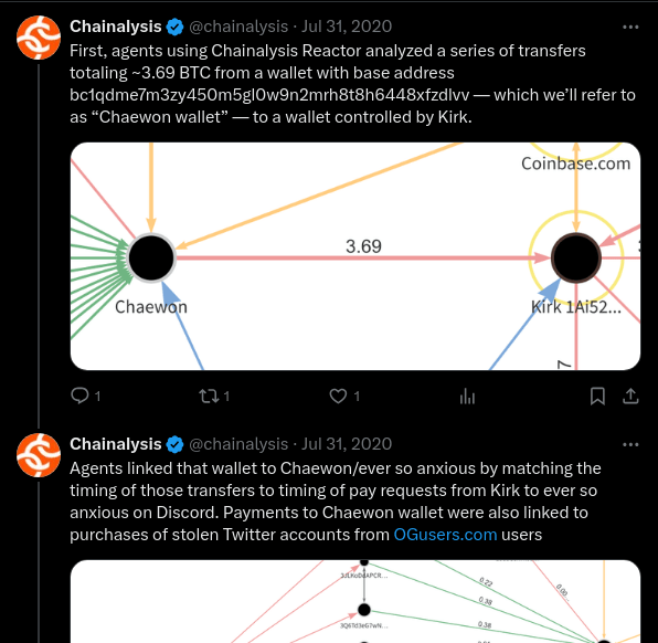 Screenshot of Chainalysis tweet thread discussing how it caught a bad actor by studying open blockchain transactions data.