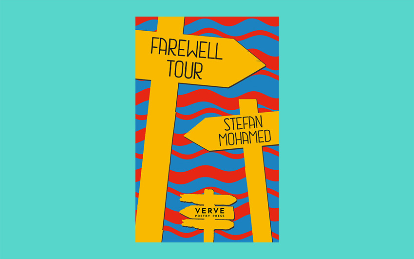 The cover of Farewell Tour by Stefan Mohamed with yellow direction signs and bold primary colours.