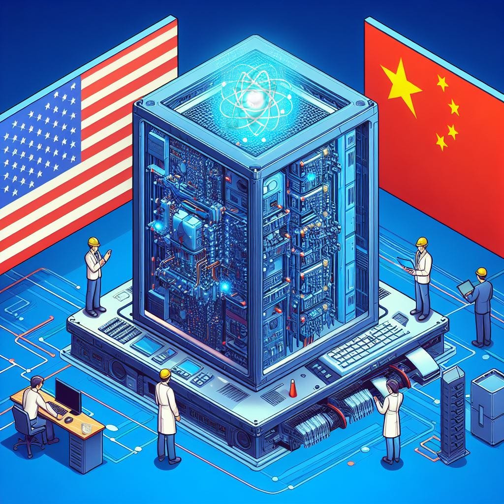 A quantum computer with two engineers working together and a USA flag and a Chinese flag