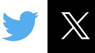 Twitter logo before and after - a blue bird and a white 'x' on black
