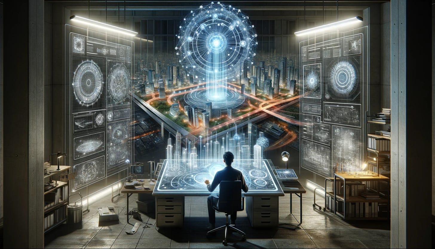 In a futuristic, high-tech workspace, a person of indeterminate gender and descent is deeply engaged with an advanced holographic interface, the 'Dream Crafter.' The interface is displaying 3D models and complex blueprints of urban spaces. Above the person's head, a semi-transparent digital mind-map glows with nodes and connections, illustrating the flow of their ideas. Surrounding the workspace are various displays and models showing the transformation of these thoughts into physical urban spaces, including miniature models of buildings, cityscapes, and infrastructures. The scene depicts the seamless process of thought-to-reality transformation in urban planning and design facilitated by the Dream Crafter technology.