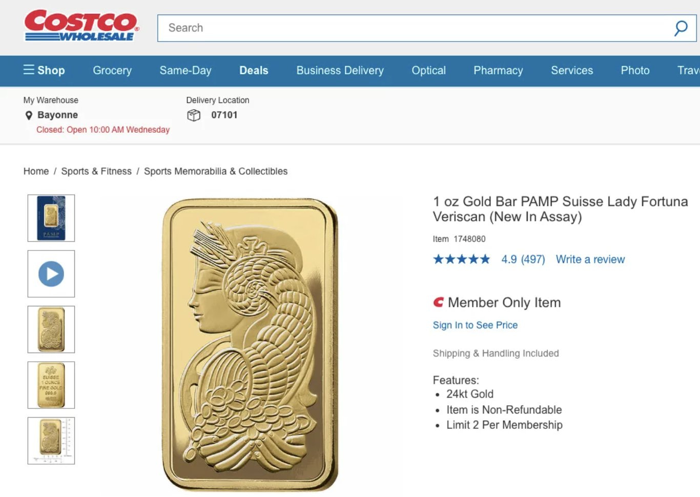 1 oz gold bar on Costco's website