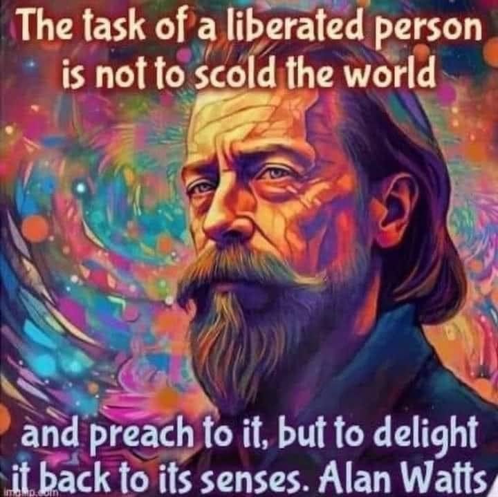 May be an image of text that says 'The task of a liberated person is not to scold the world and preach to it, but to delight it back to its senses. Alan Watts'