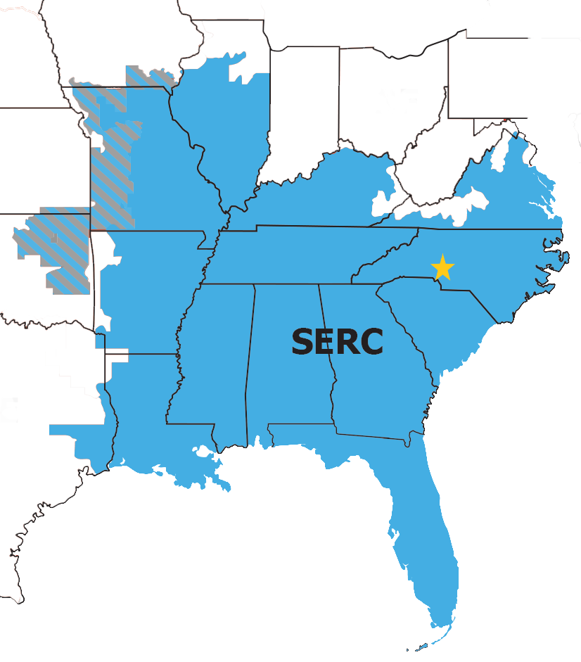 Map of the southeastern United States, mostly shaded blue. Parts of Missouri, Illinois, and Arkansas are shaded blue and gray striped. A gold star marks Washington, DC