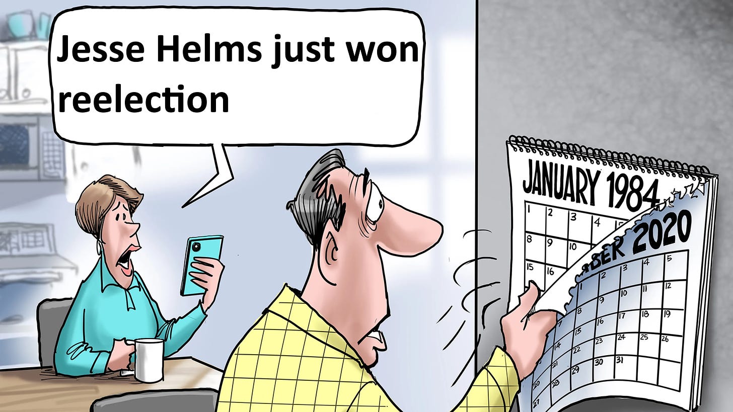 A depiction of the "1984" meme cartoon with "Jesse Helms just won reelection" as the caption