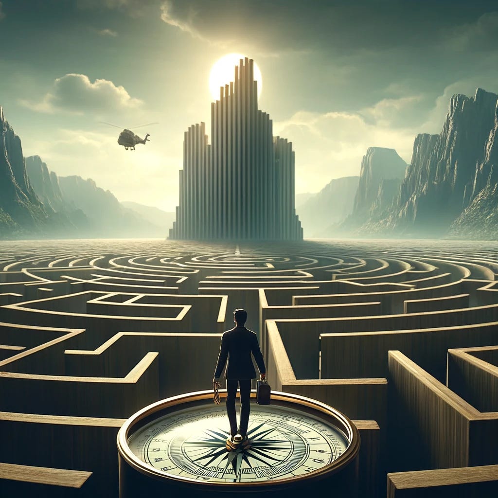 Create an image for a Substack article inspired by Trading in the Zone by Mark Douglas The image should feature an individual standing at the entrance of a labyrinth symbolizing the journey of navigating lifes uncertainties with a traders mindset The labyrinth is situated in a serene open landscape under a clear sky representing the vastness of possibilities and opportunities ahead The individual holds a compass in one hand denoting guidance strategy and the ability to make informed decisions This scene conveys the themes of exploration resilience and personal growth amidst lifes challenges and uncertainties The overall atmosphere should be inspiring and inviting encouraging readers to embark on their own journey of selfdiscovery and mastery in the face of lifes unpredictable markets