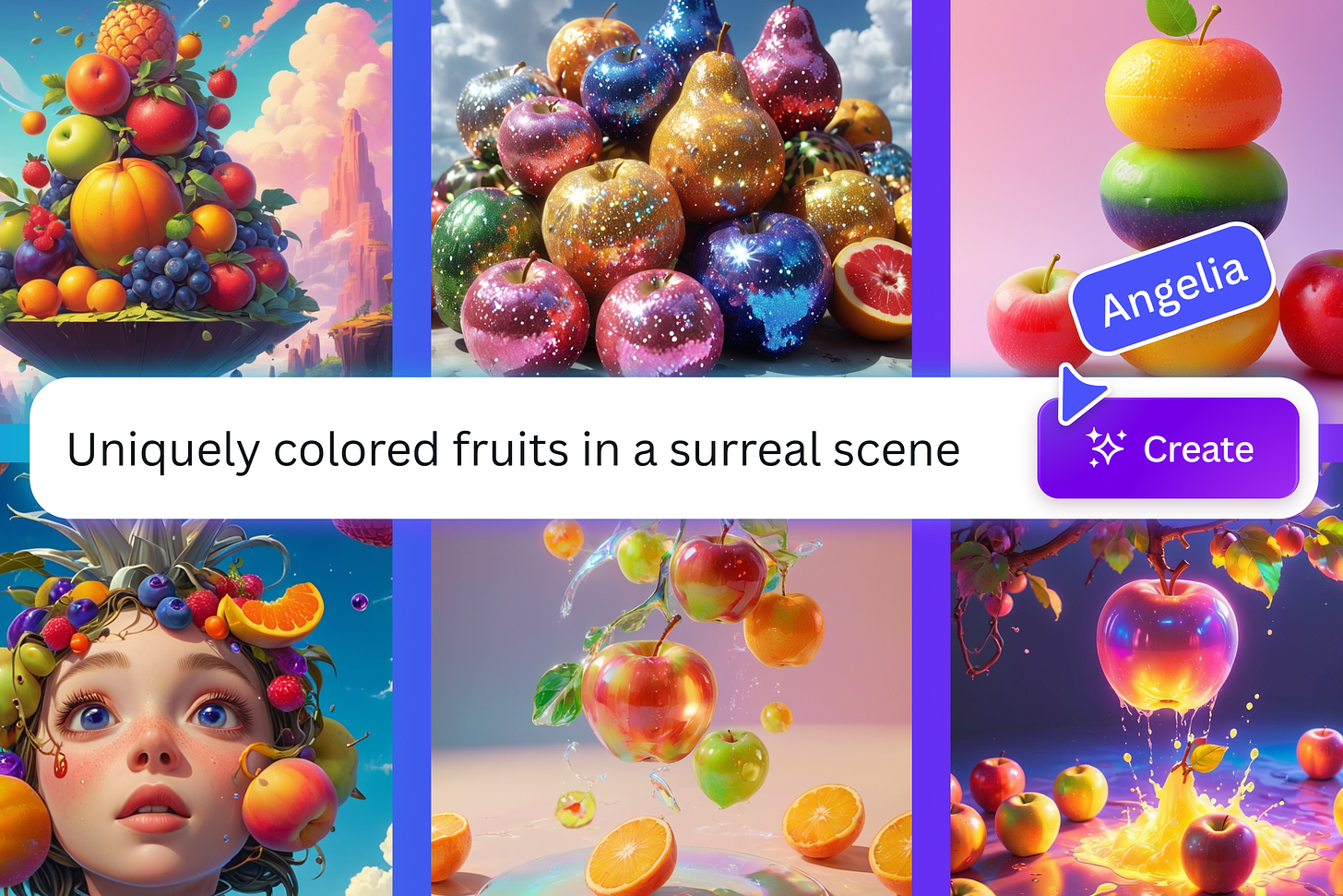 AI-generated images surrounded a prompt box that says “uniquely colored fruits in a surreal scene.”