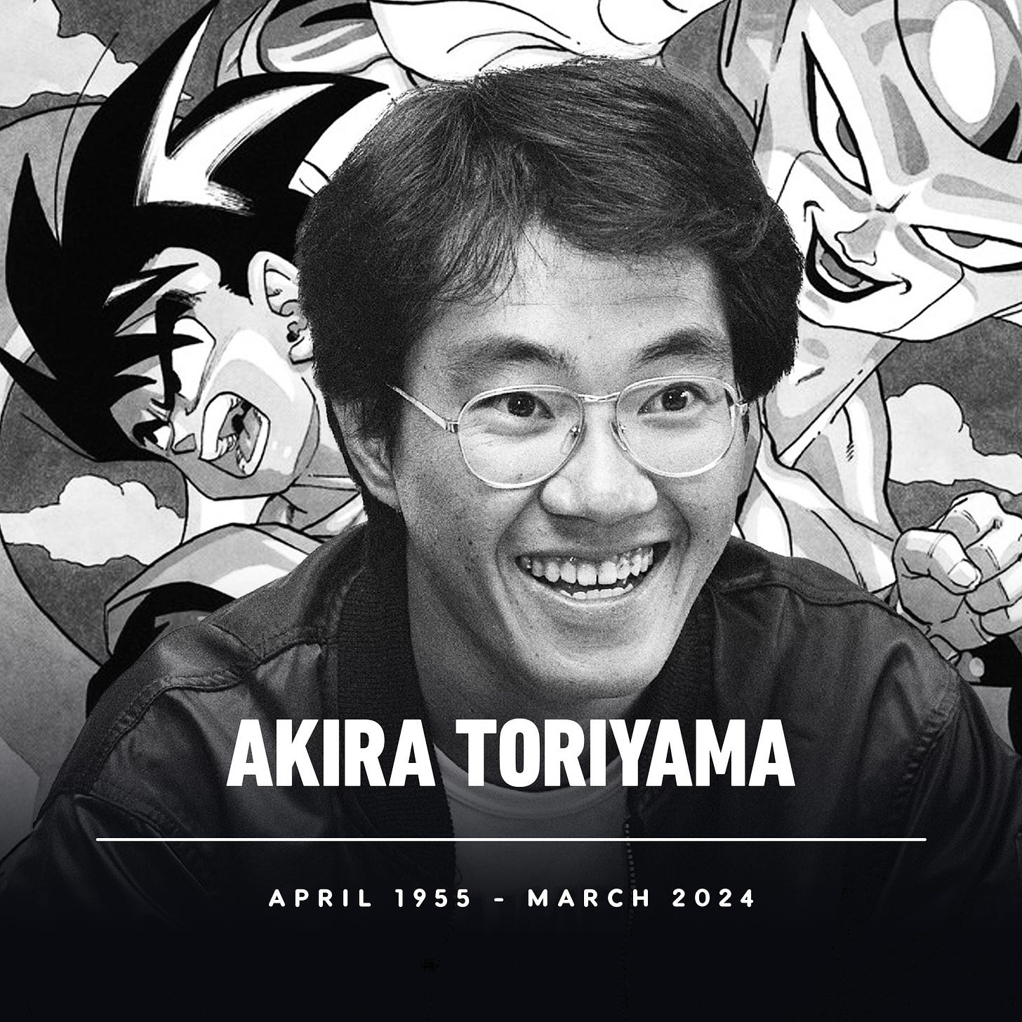 IGN tribute picture to Akira Toriyama A young Akira smiles with Goku and Frieza behind him. The words "Akira Toriyama April 1955 - March 2024" are on the picture