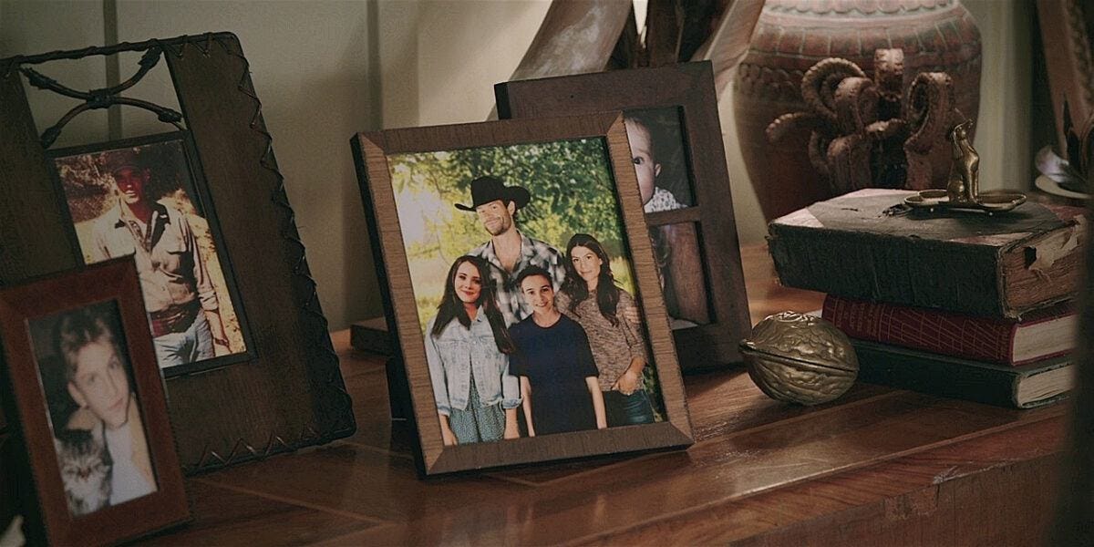 Close up shot of Cordell Walker and family with kids and dead wife.