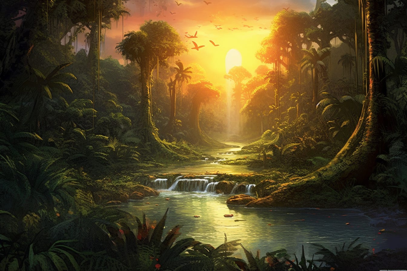 Landscape image of the jungle during the golden hour generated by Midjourney