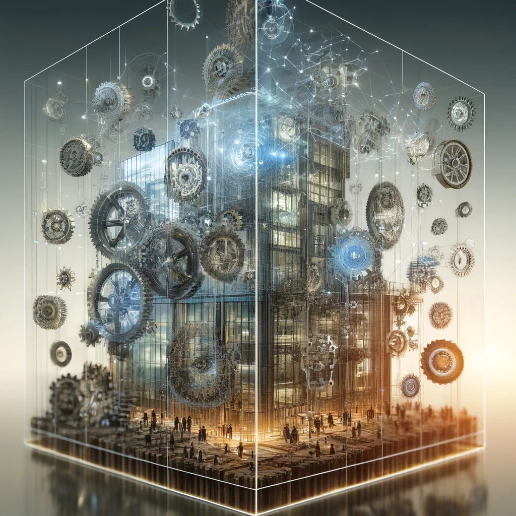 A metaphorical illustration representing a company as a complex system, much more than the sum of its departments. Visualize the company as a large, intricate machine where each department is a different, uniquely designed cog or gear interlocking with others. These cogs and gears are located within a transparent, futuristic building, showcasing a network of connections and energy flowing between them. The scene conveys a sense of synergy and integration, emphasizing the complexity and interdependence of the parts within the whole system.