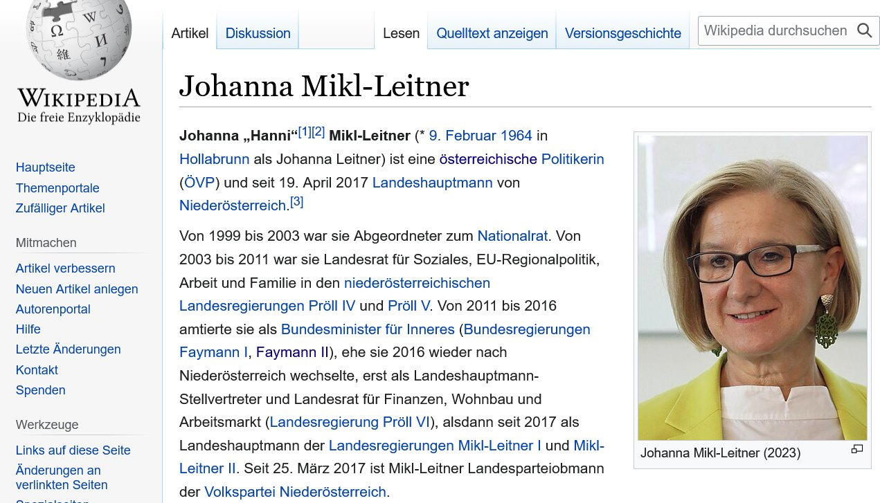 Wikipedia-Seite Landeshauptmann Johanna Mikl-Leitner