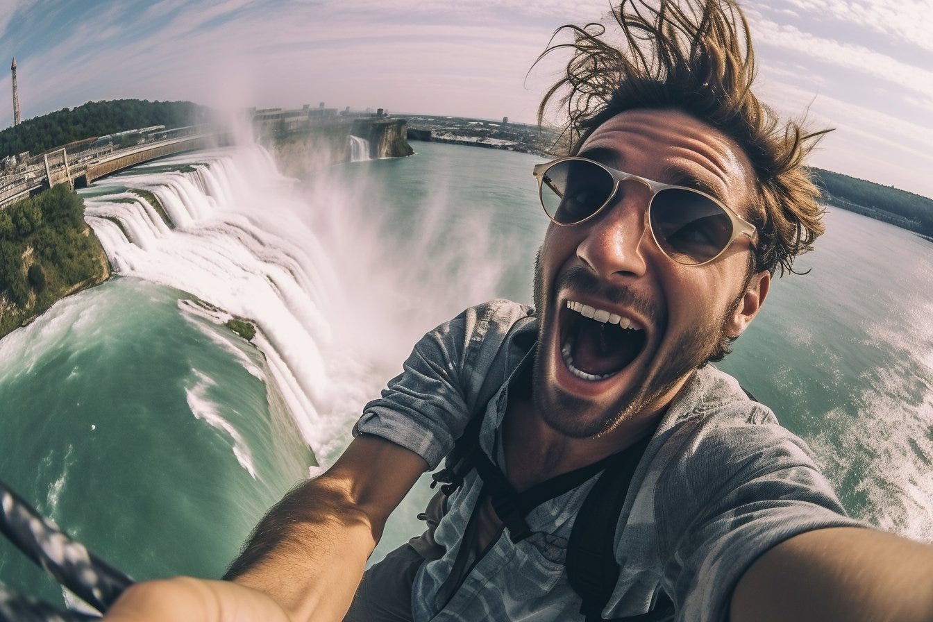 A hyper - realistic GoPro selfie of a smiling glamorous Influencer falling down the Niagara falls. Extreme environment. --ar 3:2