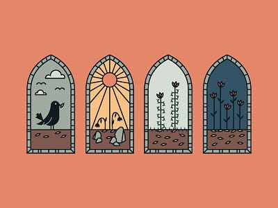 Three window-shaped panels against a salmon-colored background. Each window contains a scene from the parable of the sower; a bird eating the seeds, the sun scorching them, the seeds among the thorns, and the seeds growing up in the good ground. Three window-shaped panels against a salmon-colored background. Each window contains a scene from the parable of the sower; a bird eating the seeds, the sun scorching them, the seeds among the thorns, and the seeds growing up in the good ground.