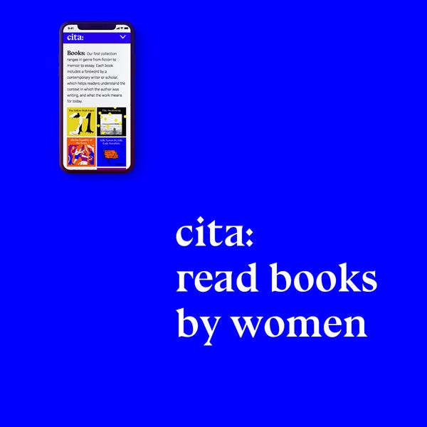 A blue square with an illustration of an iPhone open to Cita's Books page. Text in white reads cita: read books by women