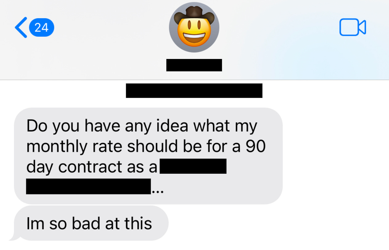 Text message from a friend asking me to help her figure out her rate