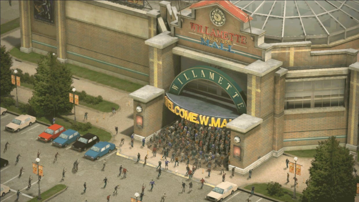 A screenshot from Dead Rising, showing zombies pushing up against the main entrance to the Willamette mall. More and more approach from the parking lot, as well.