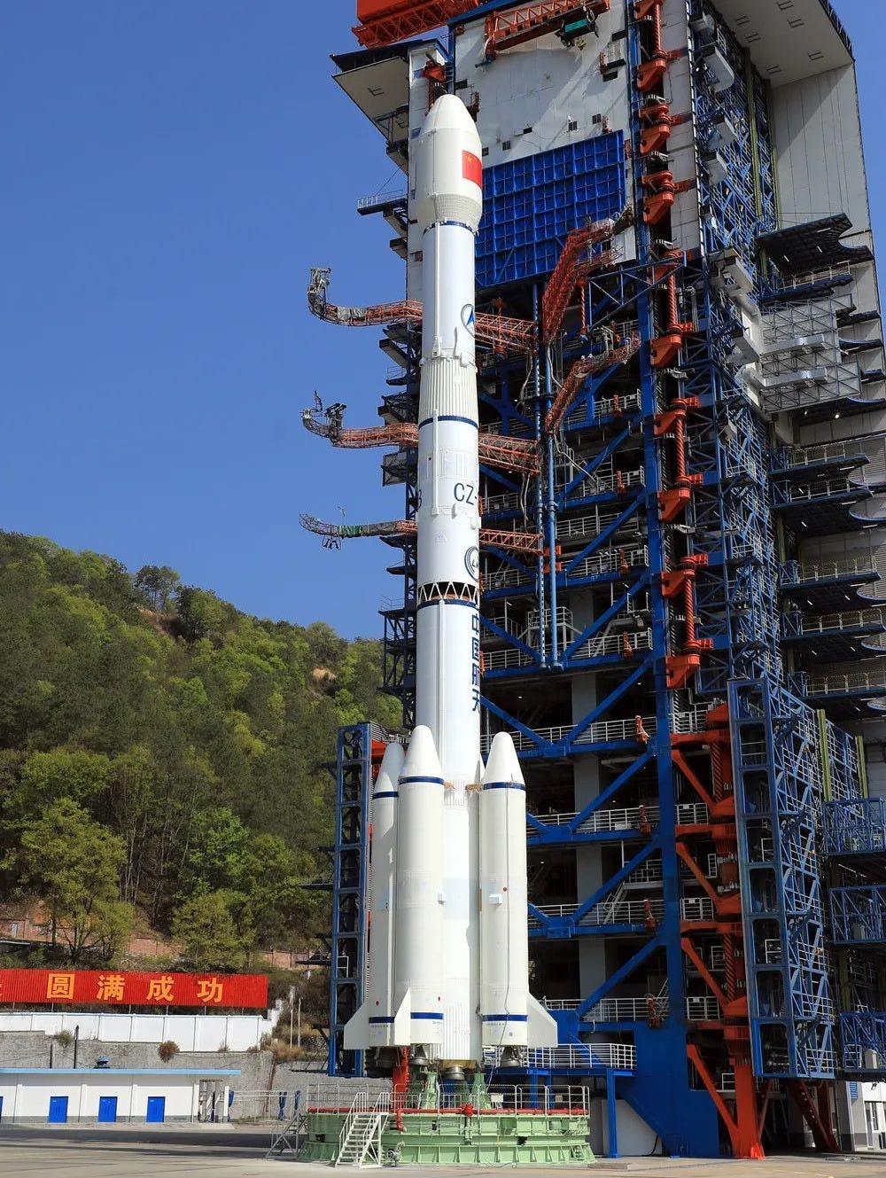 The Long March 3B/E launch vehicle at Launch Complex 3 prior to its mission on April 10th 2025.