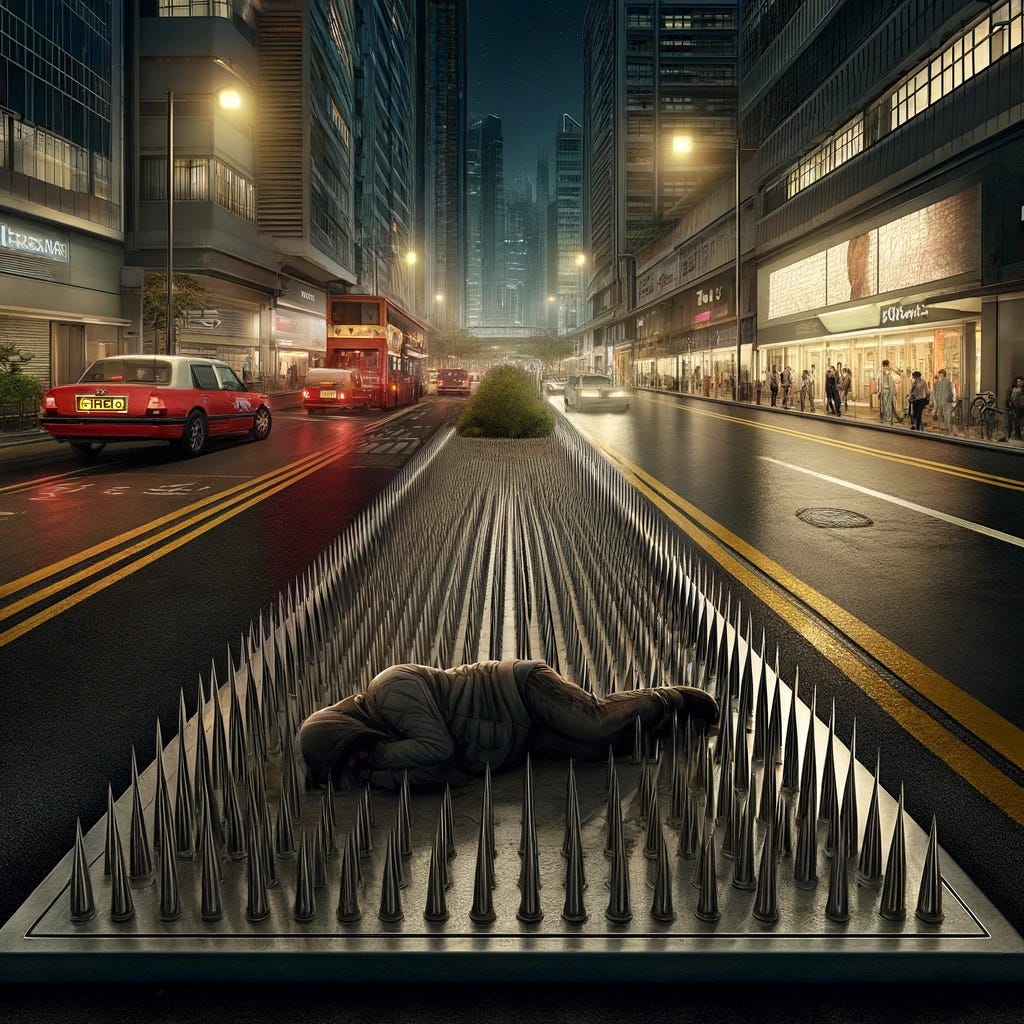 An illustration of Harcourt Road in Hong Kong, specifically highlighting anti-homeless spikes integrated into the urban design. The scene captures a section of the street where the sidewalk is lined with metallic spikes, designed to prevent the homeless from sleeping or resting there. This feature creates a stark and unwelcoming environment within the bustling cityscape. Surrounding the area are modern buildings and busy traffic, reflecting the contrast between the city's advanced infrastructure and its severe measures against homelessness. The setting is illuminated by street lights, casting sharp shadows from the spikes, emphasizing the harshness of this urban strategy.
