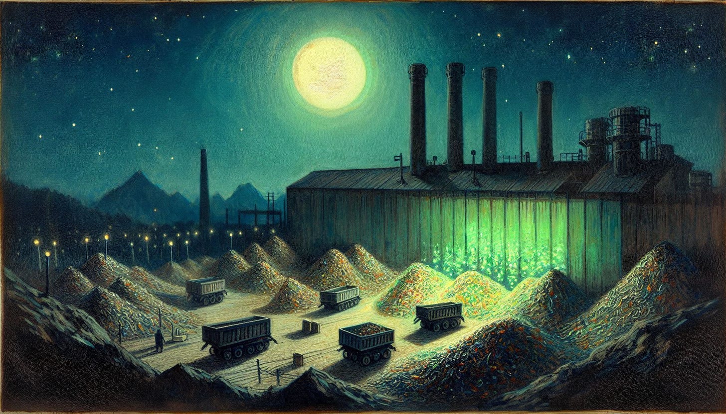 AI generated image of an industrial composting facility in moonlight rendered vaguely in the style of Whistler