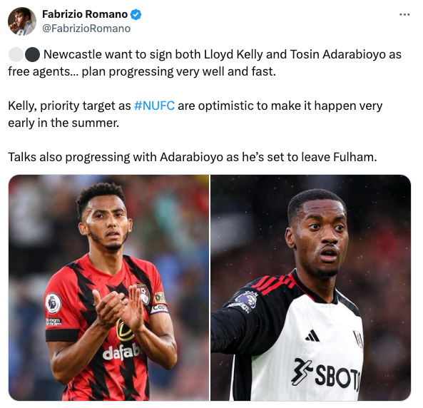 A tweet by Fabrizio Romano about Newcastle's plans to sign Lloyd Kelly and Tosin Adarabioyo